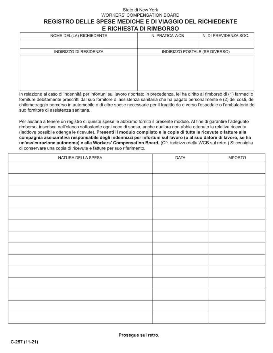 Form C-257 Claimants Record of Medical and Travel Expenses and Request for Reimbursement - New York (Italian), Page 1