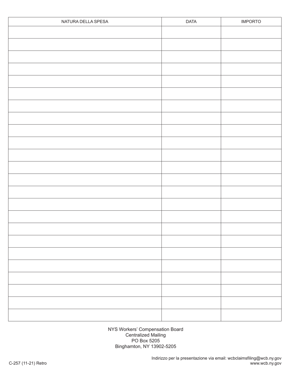 Form C-257 Claimants Record of Medical and Travel Expenses and Request for Reimbursement - New York (Italian), Page 2