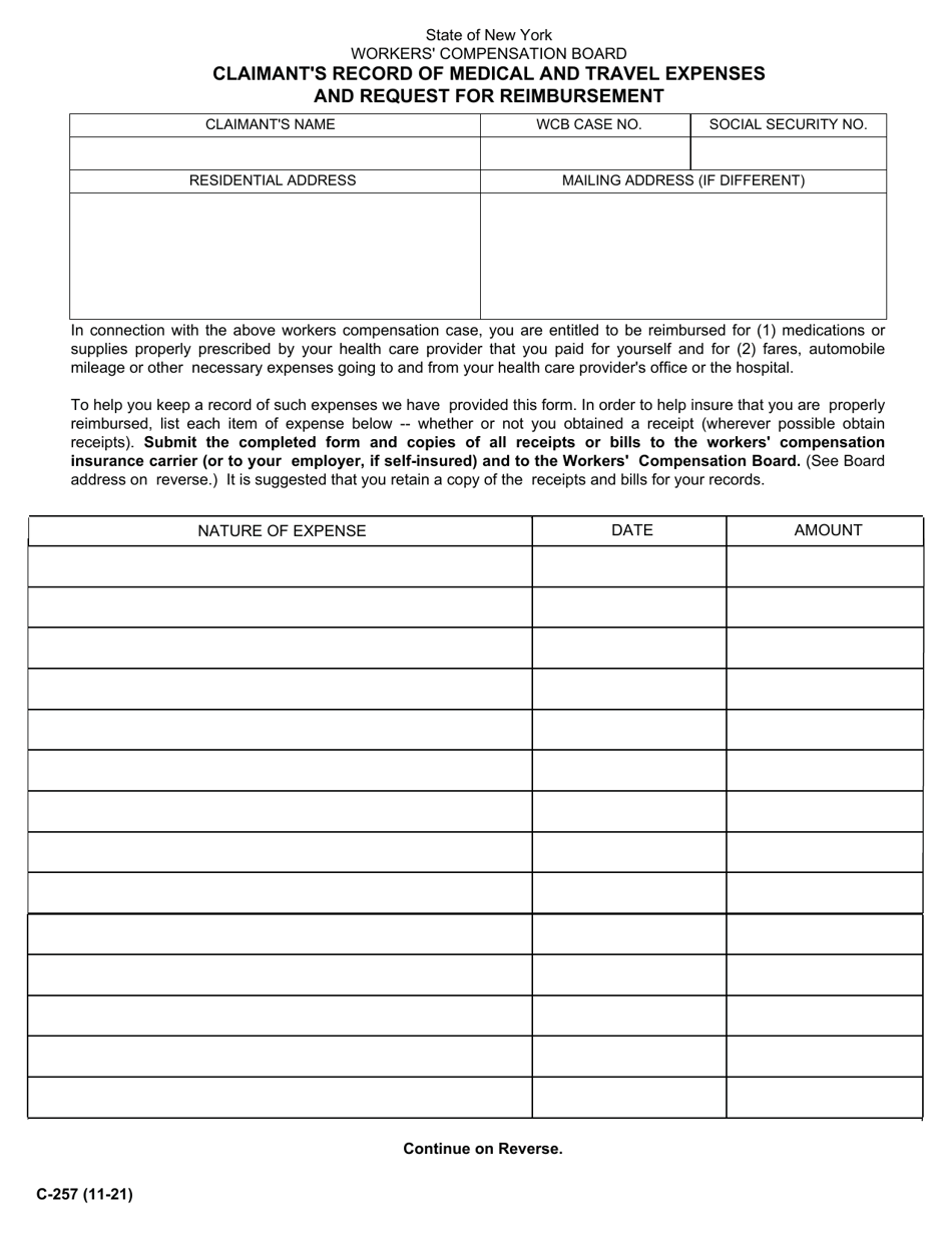 Form C-257 Claimants Record of Medical and Travel Expenses and Request for Reimbursement - New York, Page 1