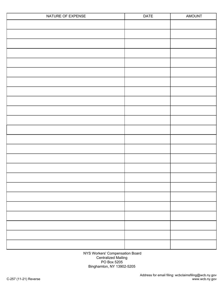 Form C-257 Claimants Record of Medical and Travel Expenses and Request for Reimbursement - New York, Page 2