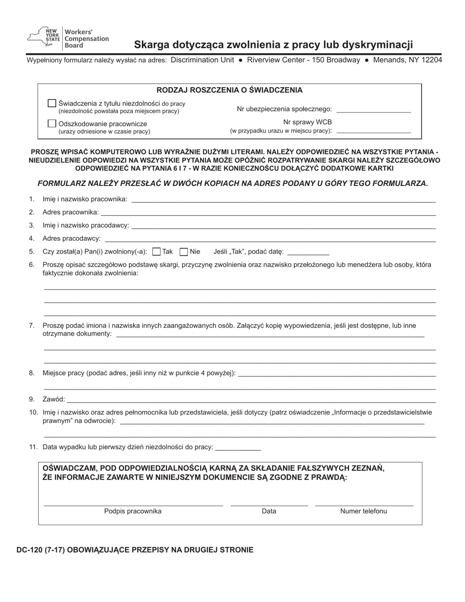 Form DC-120 Discharge or Discrimination Compliant - New York (Polish), Page 1