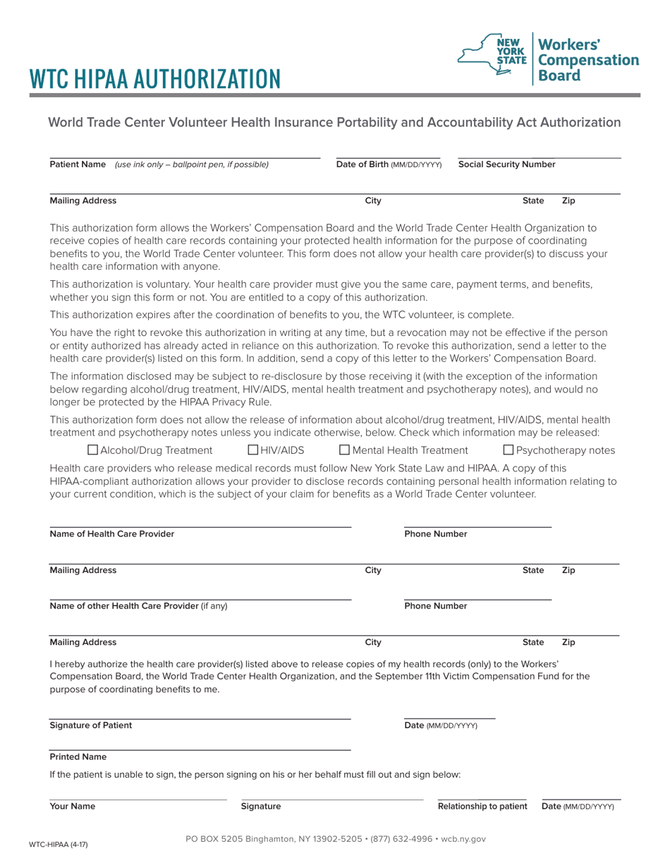 Form WTC-HIPAA World Trade Center Volunteer Health Insurance Portability and Accountability Act Authorization - New York, Page 1