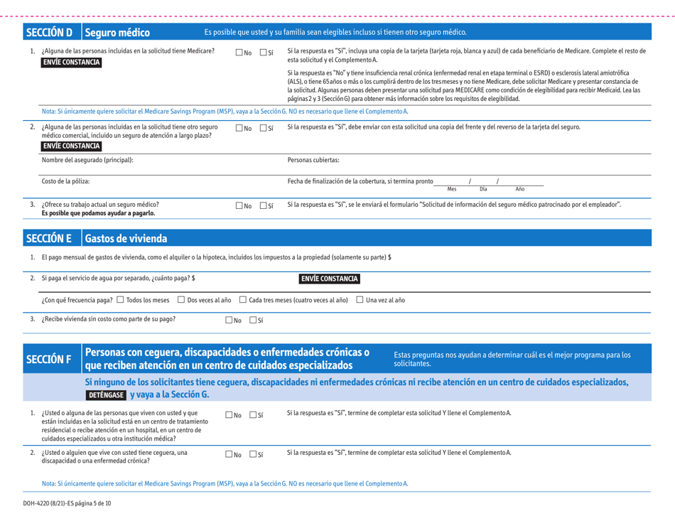 Formulario DOH-4220 Solicitud De Seguro Medico Para Adultos Mayores, Personas Con Discapacidades Y Otros Grupos Determinados - New York (Spanish), Page 13