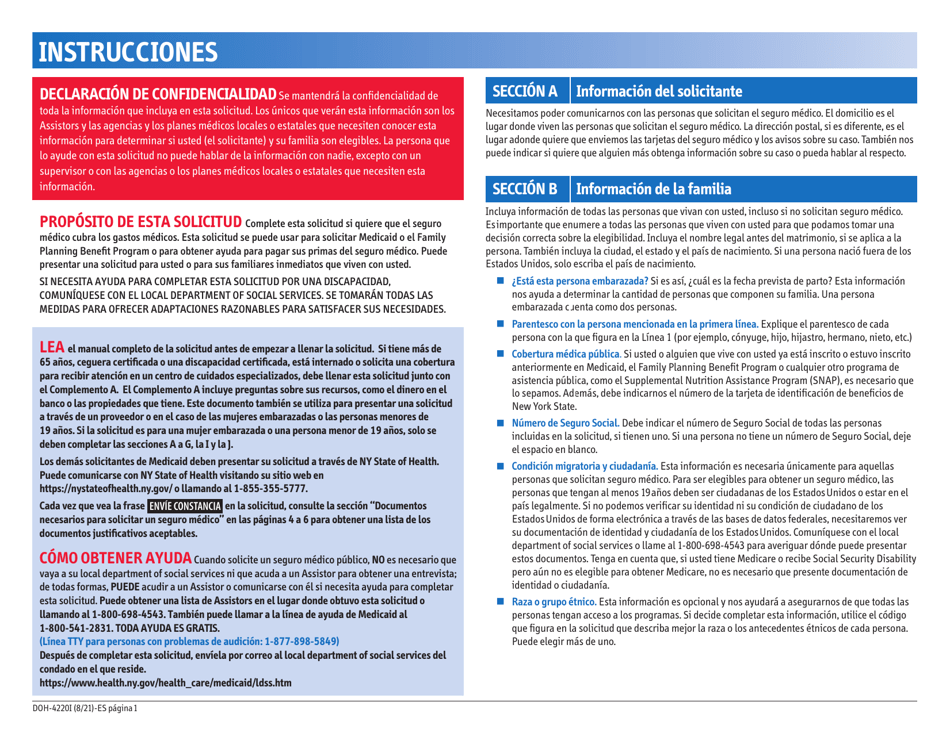Formulario DOH-4220 Solicitud De Seguro Medico Para Adultos Mayores, Personas Con Discapacidades Y Otros Grupos Determinados - New York (Spanish), Page 3