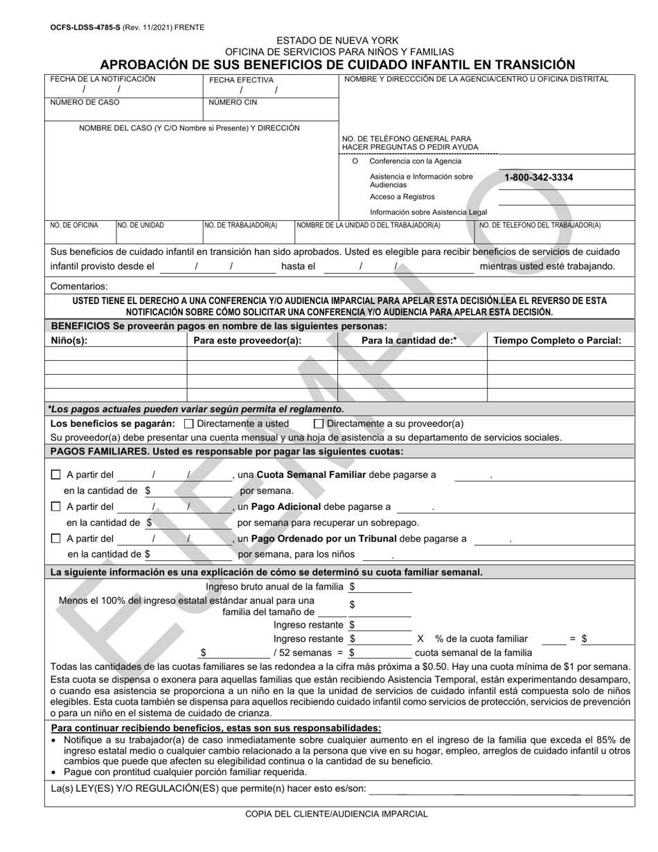 Formulario OCFS-LDSS-4785-S Aprobacion De Sus Beneficios De Cuidado Infantil En Transicion - Ejemplo - New York (Spanish), Page 1