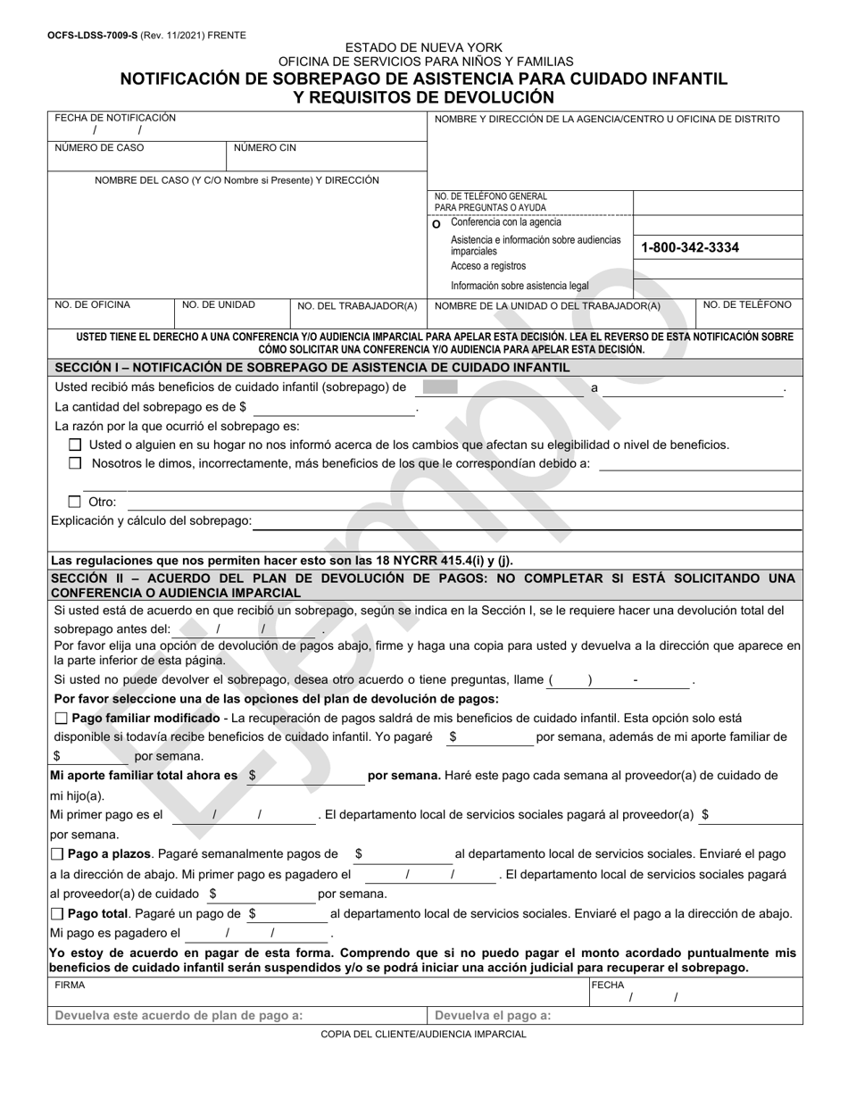 Formulario OCFS-LDSS-7009-S Notificacion De Sobrepago De Asistencia Para Cuidado Infantil Y Requisitos De Devolucion - Ejemplo - New York (Spanish), Page 1