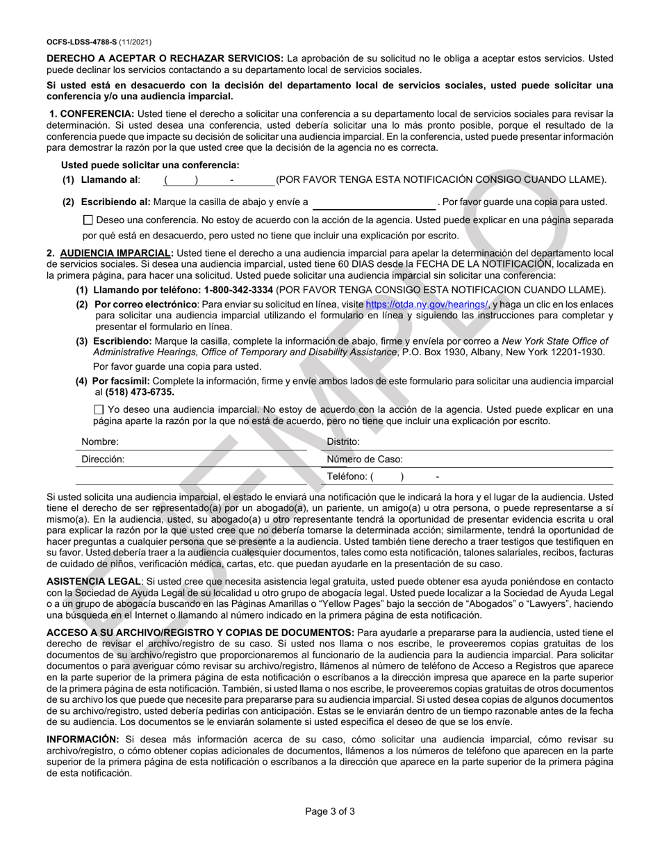 Formulario OCFS-LDSS-4788-S Notificacion De Evaluacion De Beneficios De Cuidado Infantil - Sin Cambios - Ejemplo - New York (Spanish), Page 3