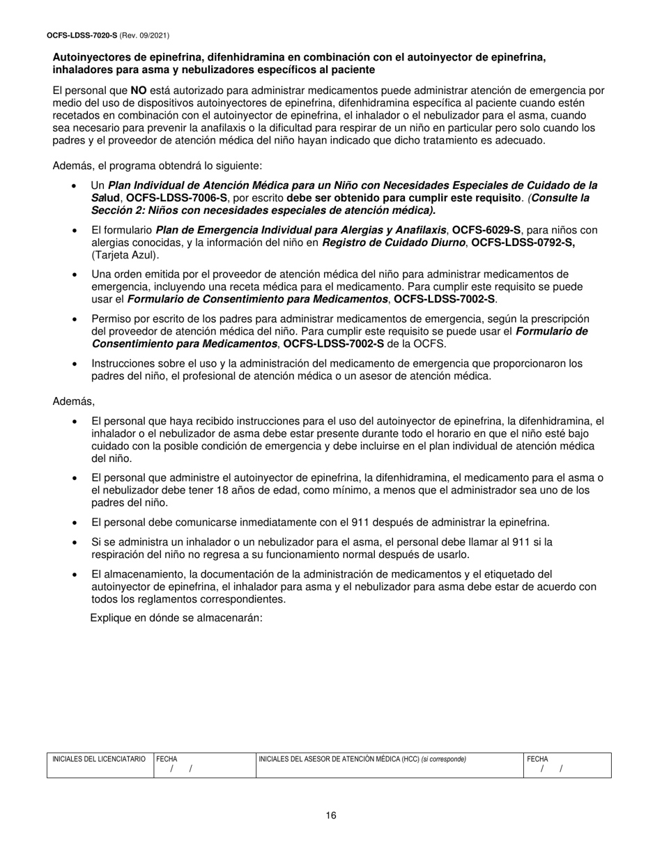 Formulario OCFS-LDSS-7020-S Plan De Atencion Medica - Centro De Cuidado Infantil - New York (Spanish), Page 16