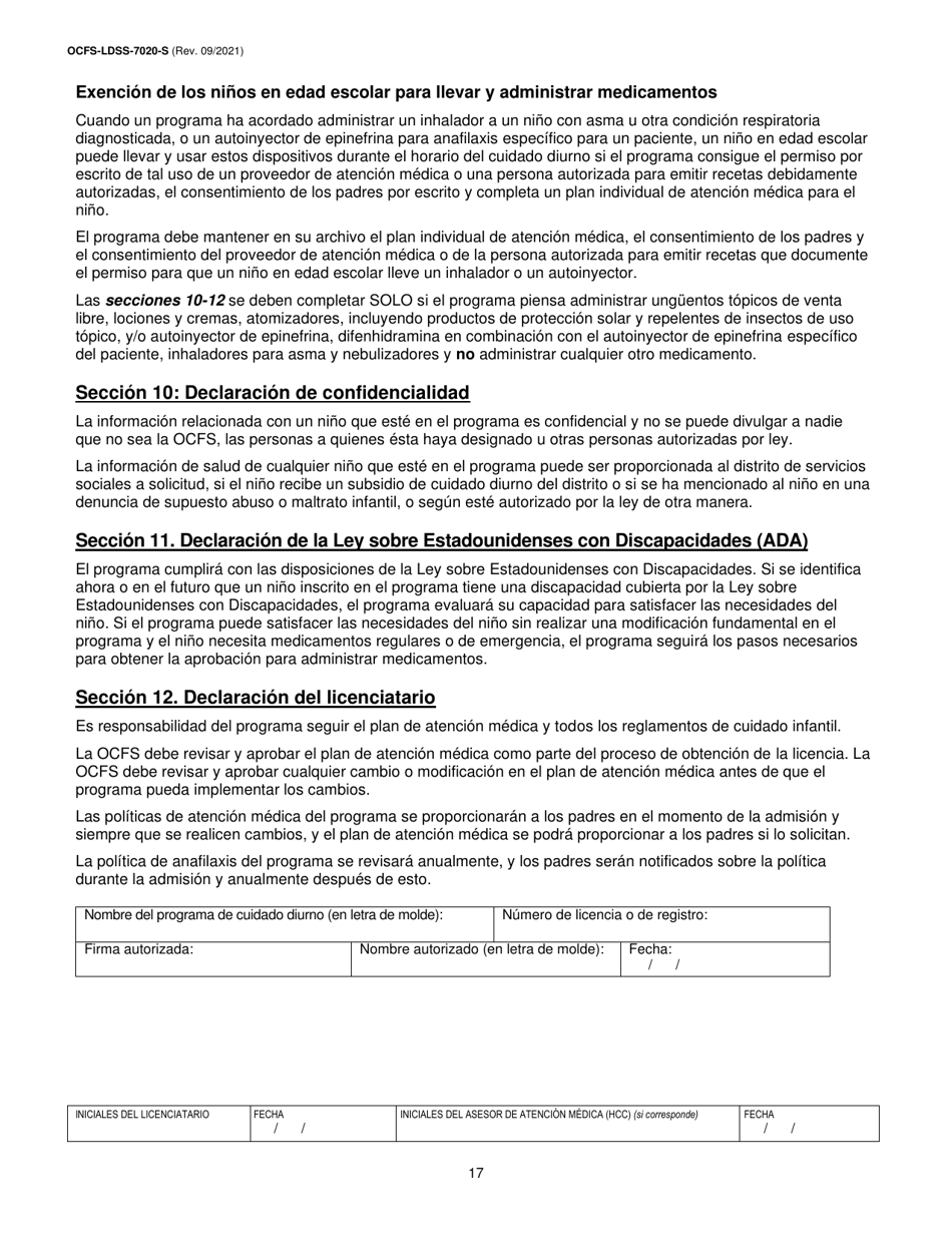 Formulario OCFS-LDSS-7020-S Plan De Atencion Medica - Centro De Cuidado Infantil - New York (Spanish), Page 17