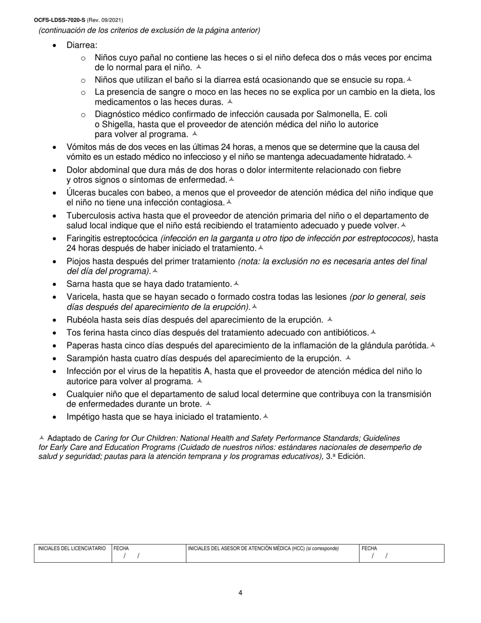 Formulario OCFS-LDSS-7020-S Plan De Atencion Medica - Centro De Cuidado Infantil - New York (Spanish), Page 4