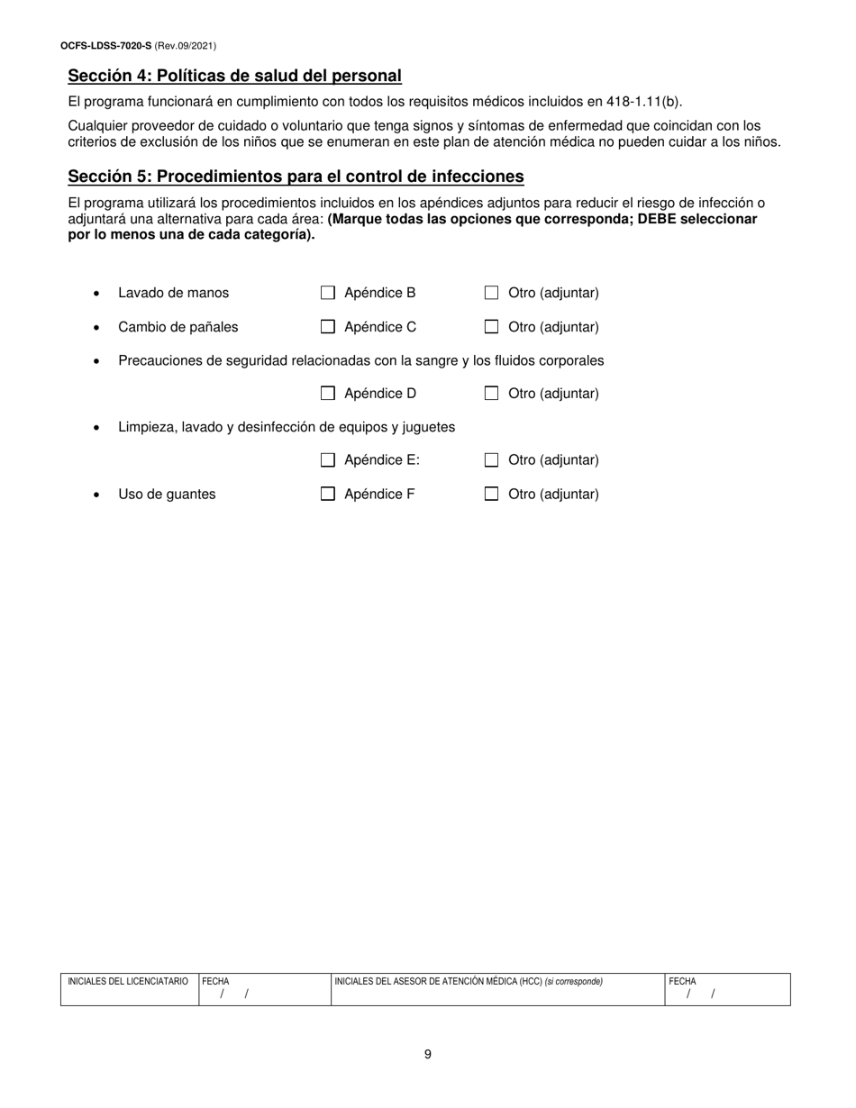 Formulario OCFS-LDSS-7020-S Plan De Atencion Medica - Centro De Cuidado Infantil - New York (Spanish), Page 9