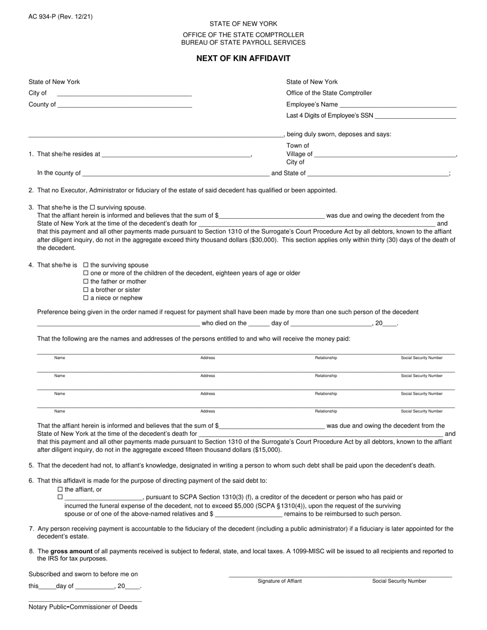 Form AC934-P Next of Kin Affidavit - New York, Page 1