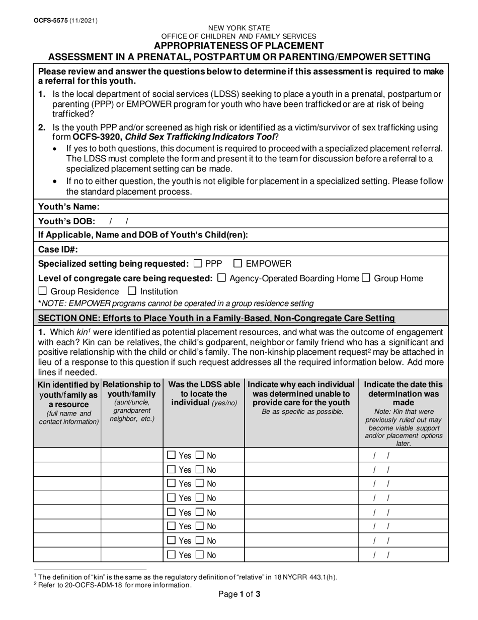 Form OCFS-5575 Appropriateness of Placement Assessment in a Prenatal, Postpartum or Parenting / Empower Setting - New York, Page 1