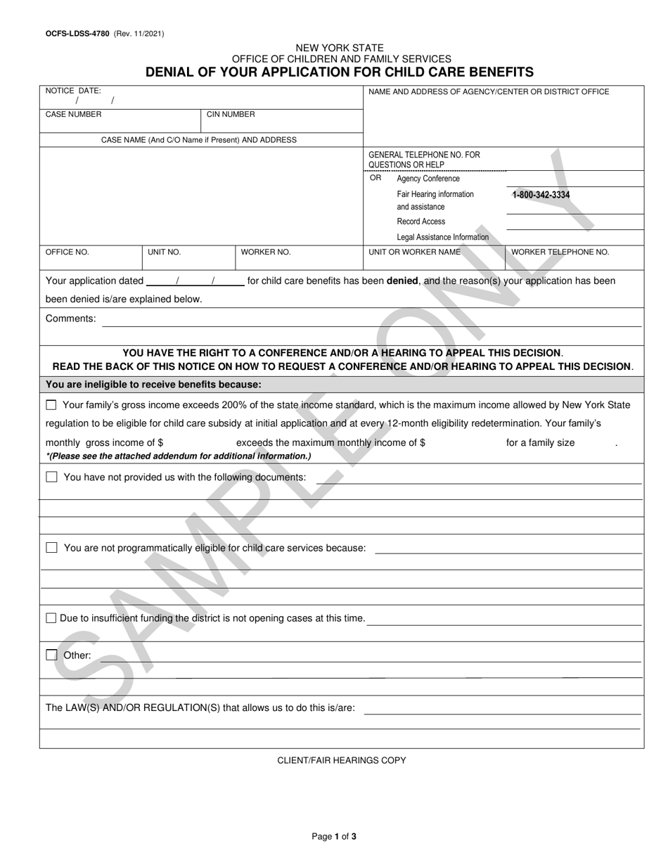 Form OCFS-LDSS-4780 Denial of Your Application for Child Care Benefits - Sample - New York, Page 1