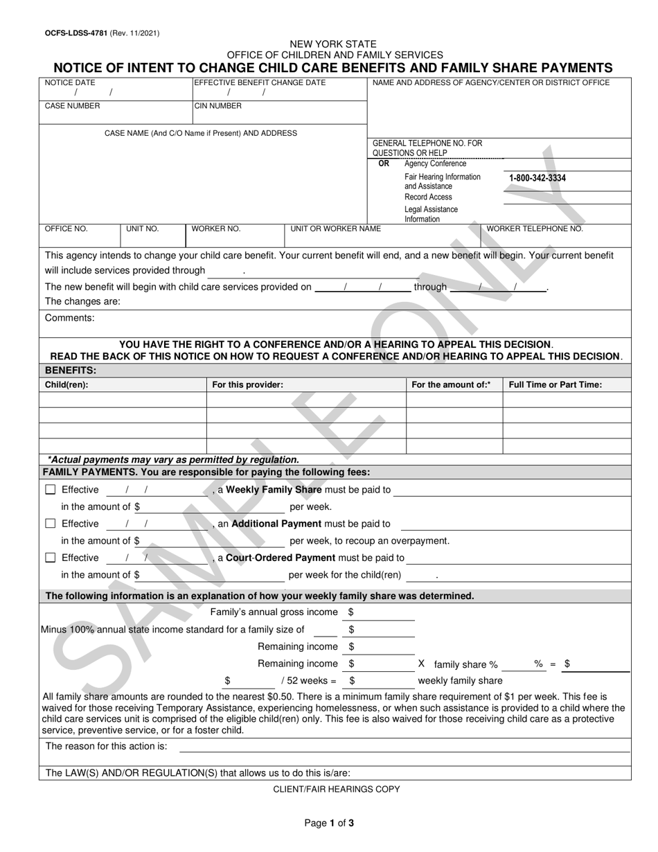 Form OCFS-LDSS-4781 Notice of Intent to Change Child Care Benefits and Family Share Payments - Sample - New York, Page 1