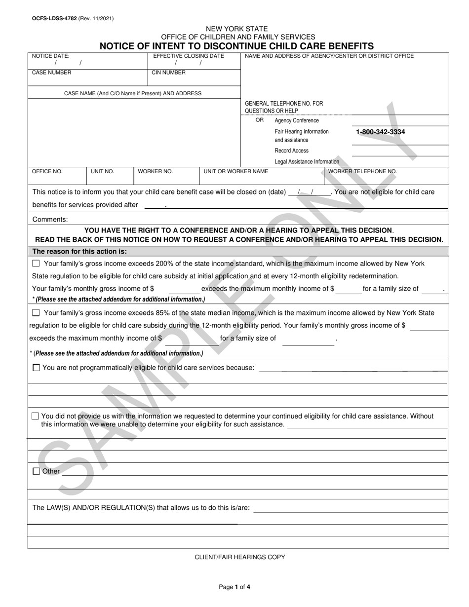 Form OCFS-LDSS-4782 Notice of Intent to Discontinue Child Care Benefits - Sample - New York, Page 1
