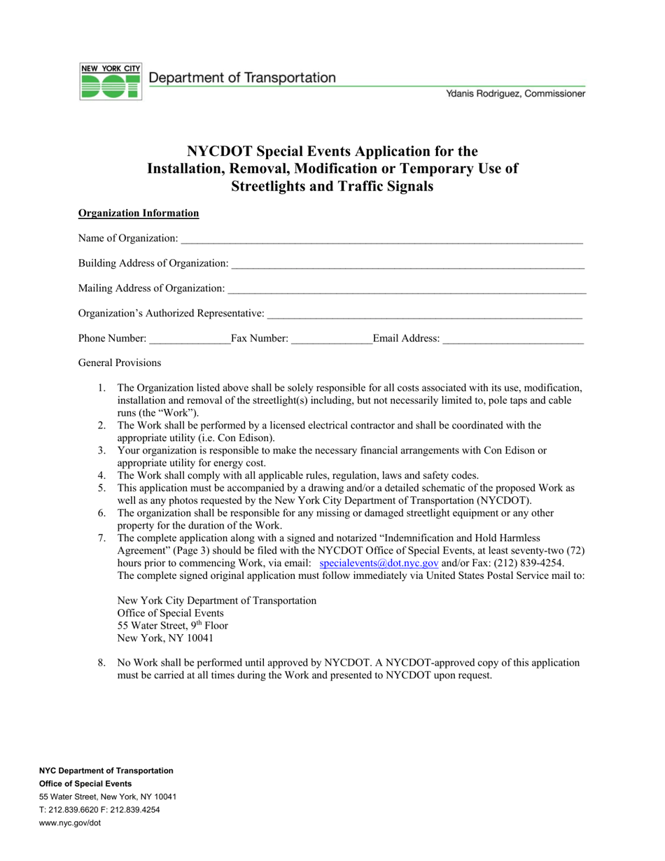 Special Events Application for the Installation, Removal, Modification or Temporary Use of Streetlights and Traffic Signals - New York City, Page 1