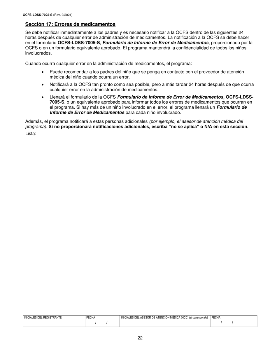 Formulario OCFS-LDSS-7022-S Plan De Atencion Medica - Cuidado Infantil De Ninos En Edad Escolar - New York (Spanish), Page 22