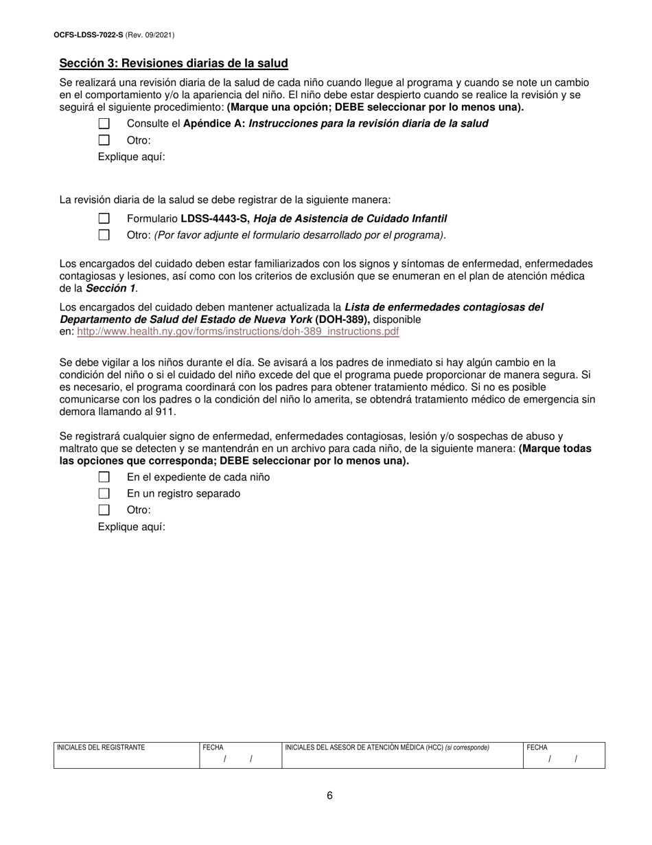 Formulario OCFS-LDSS-7022-S Plan De Atencion Medica - Cuidado Infantil De Ninos En Edad Escolar - New York (Spanish), Page 6