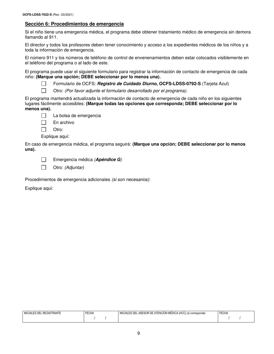 Formulario OCFS-LDSS-7022-S Plan De Atencion Medica - Cuidado Infantil De Ninos En Edad Escolar - New York (Spanish), Page 9