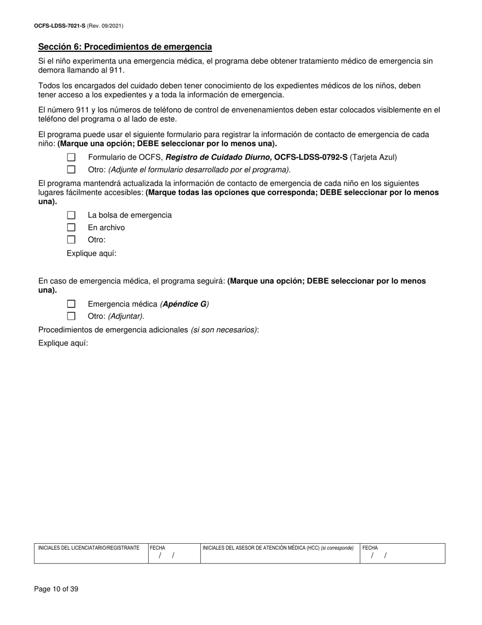 Formulario OCFS-LDSS-7021-S Plan De Atencion Medica - Cuidado Diurno Familiar / Cuidado Diurno Familiar Grupal / Centro Pequeno De Cuidado Infantil - New York (Spanish), Page 10