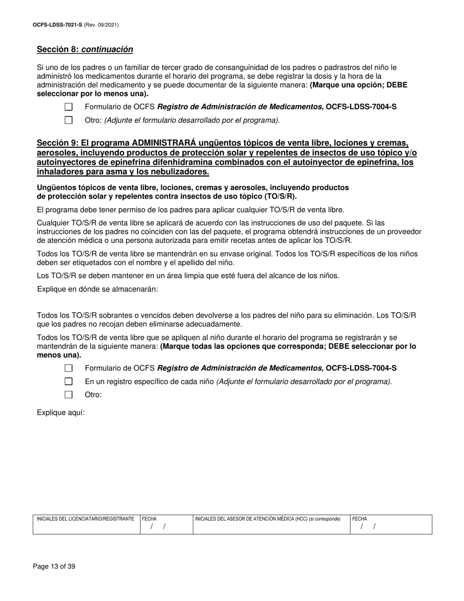 Formulario OCFS-LDSS-7021-S Plan De Atencion Medica - Cuidado Diurno Familiar / Cuidado Diurno Familiar Grupal / Centro Pequeno De Cuidado Infantil - New York (Spanish), Page 13