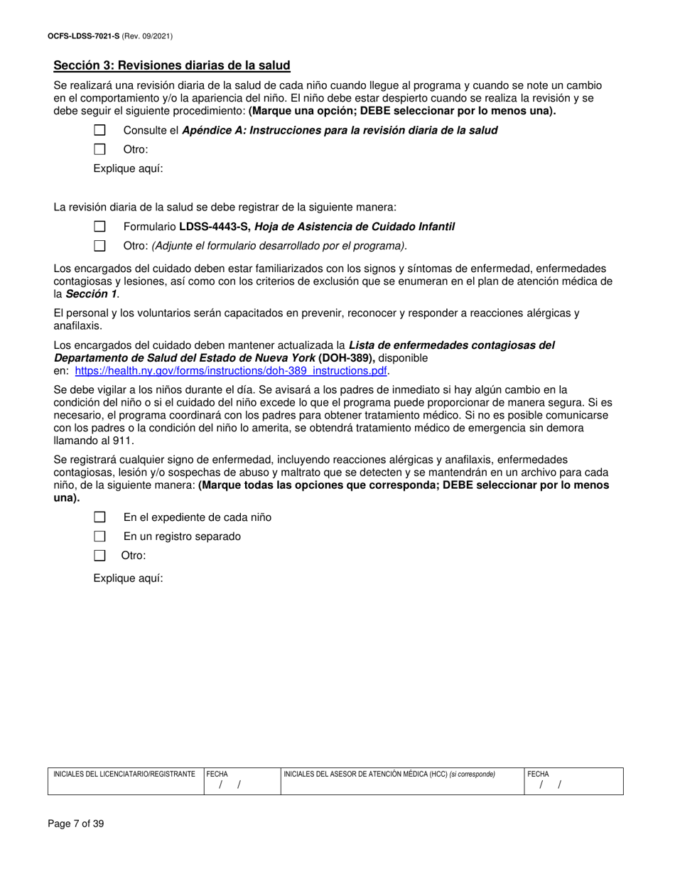 Formulario OCFS-LDSS-7021-S Plan De Atencion Medica - Cuidado Diurno Familiar / Cuidado Diurno Familiar Grupal / Centro Pequeno De Cuidado Infantil - New York (Spanish), Page 7