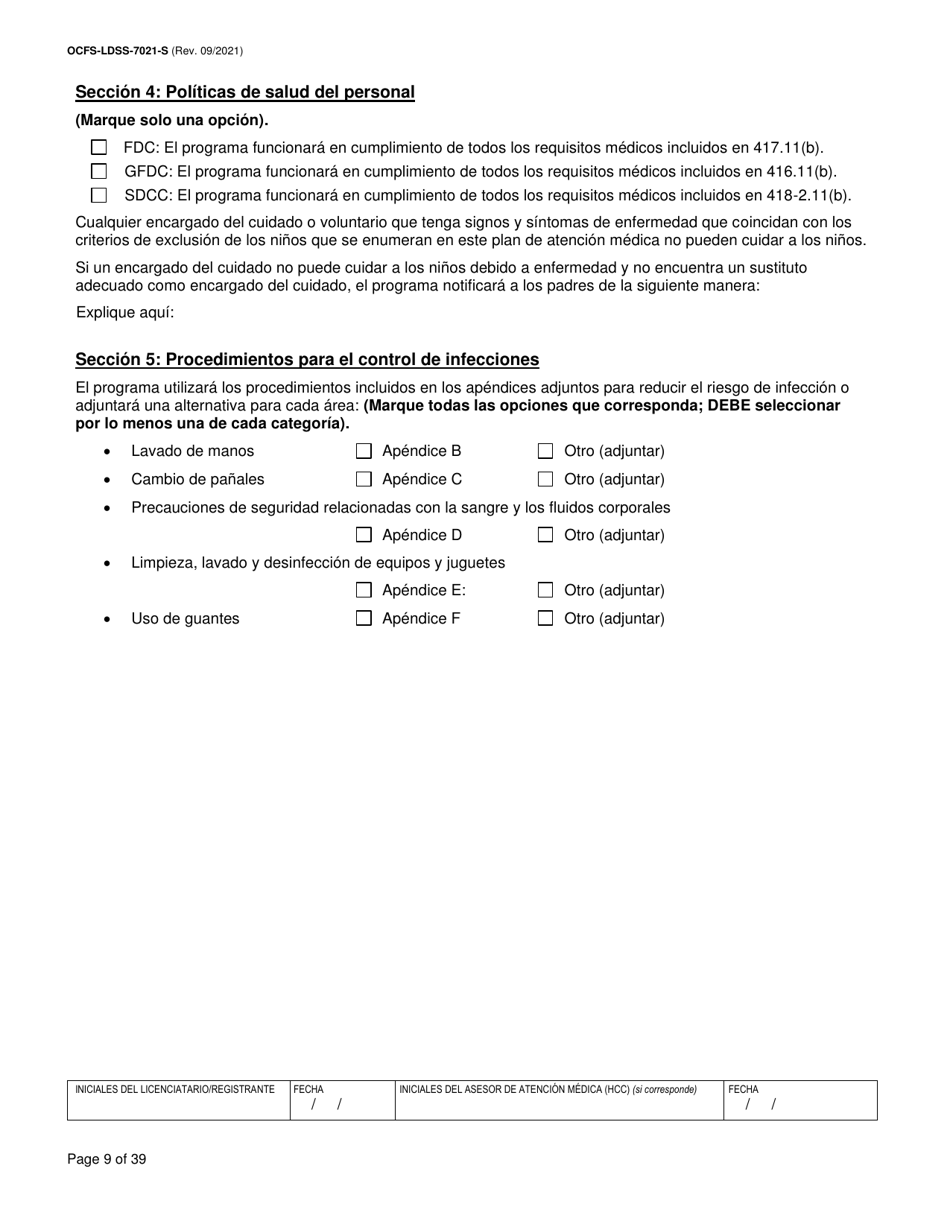 Formulario OCFS-LDSS-7021-S Plan De Atencion Medica - Cuidado Diurno Familiar / Cuidado Diurno Familiar Grupal / Centro Pequeno De Cuidado Infantil - New York (Spanish), Page 9