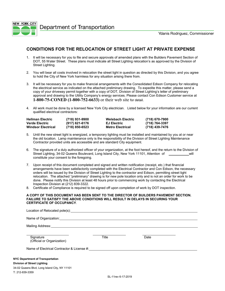 Form SL-11 Conditions for the Relocation of Street Light at Private Expense - New York City, Page 1