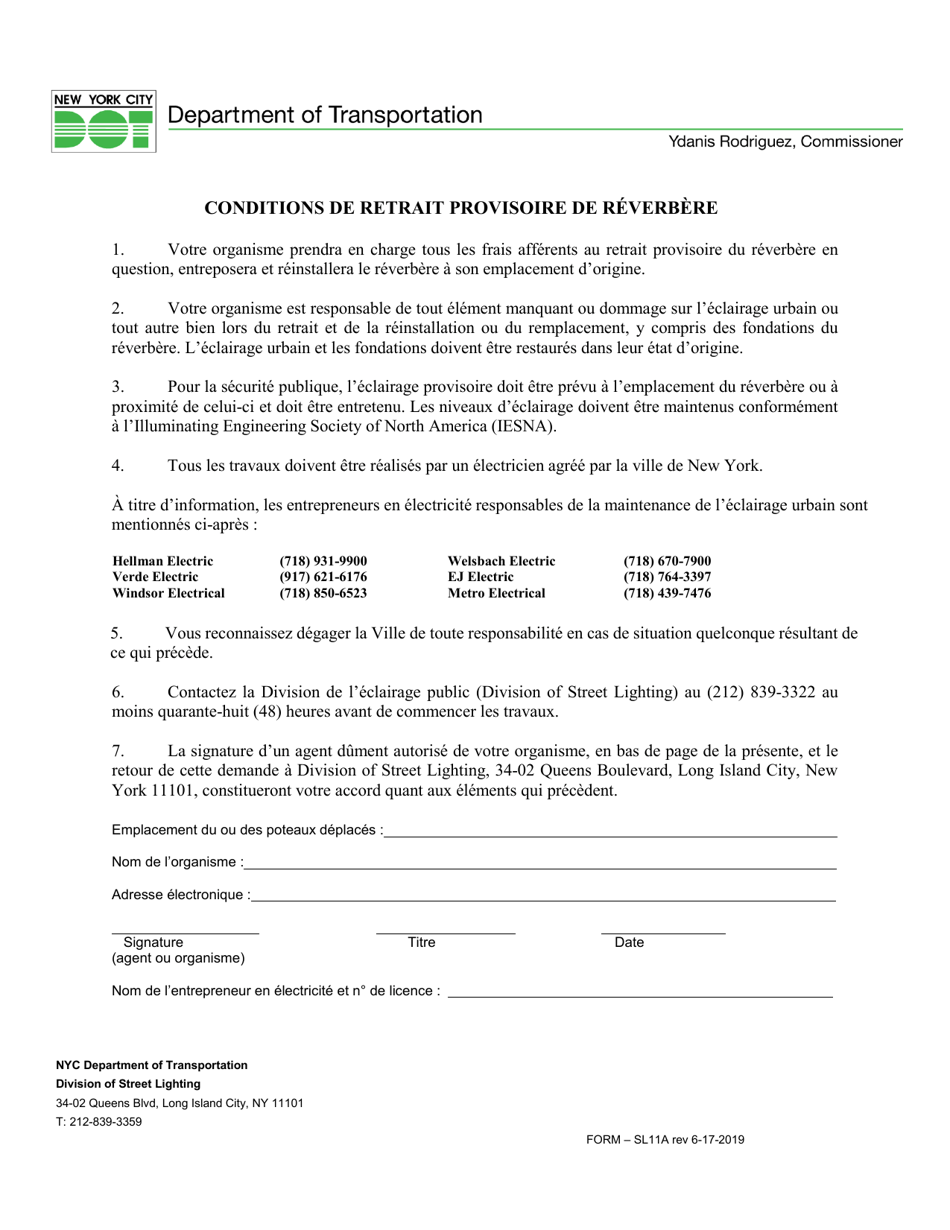Form SL11A Conditions for the Temporary Removal of Lamppost - New York City (French), Page 1