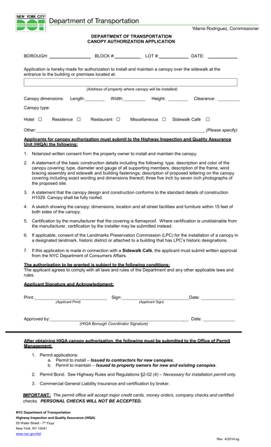 Canopy Authorization Application - New York City Download Pdf