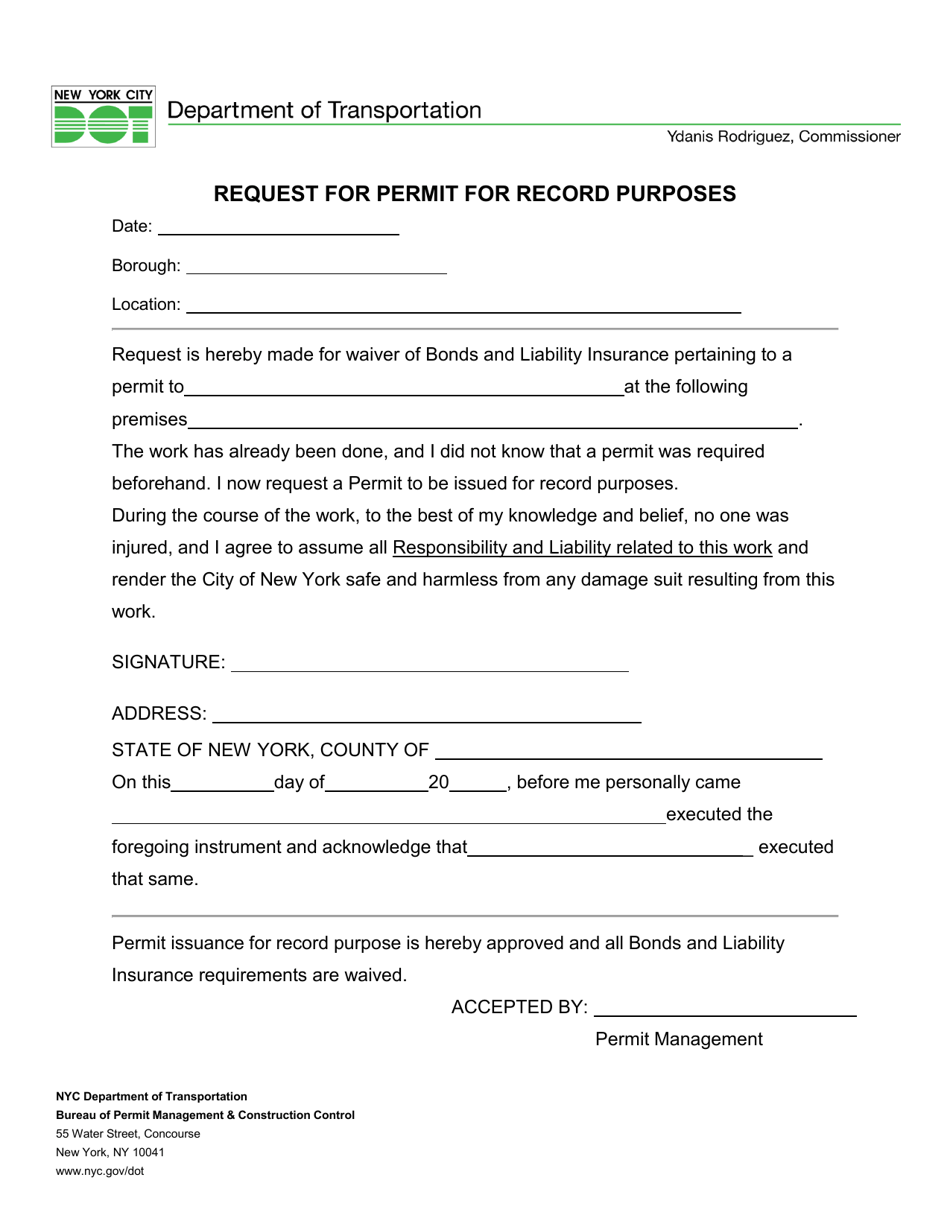 Request for Permit for Record Purposes - New York City, Page 1