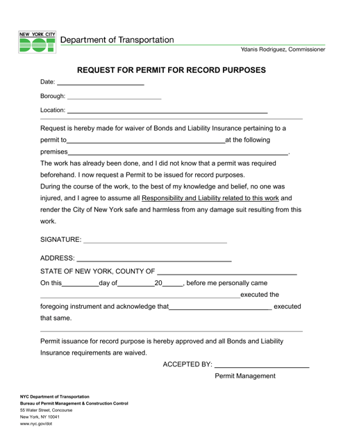 Request for Permit for Record Purposes - New York City Download Pdf