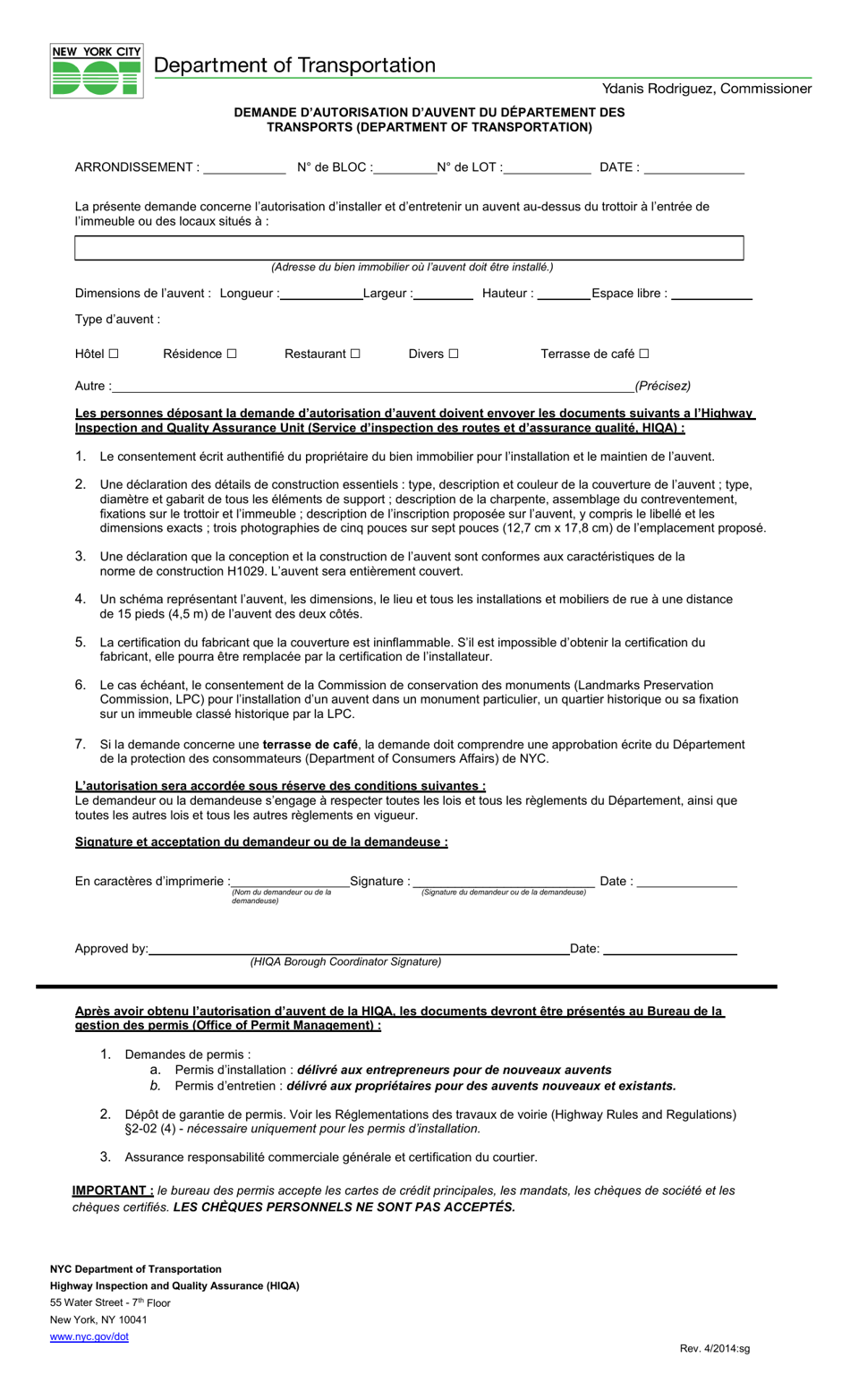 Canopy Authorization Application - New York City (French), Page 1