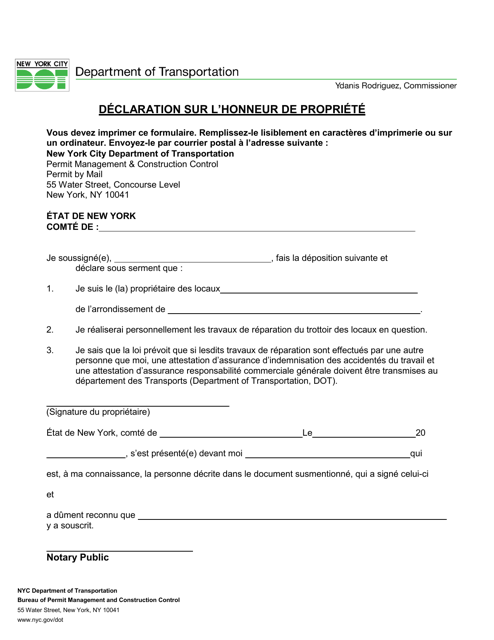 Private Homeowner Affidavit of Ownership - New York City (French) Download Pdf
