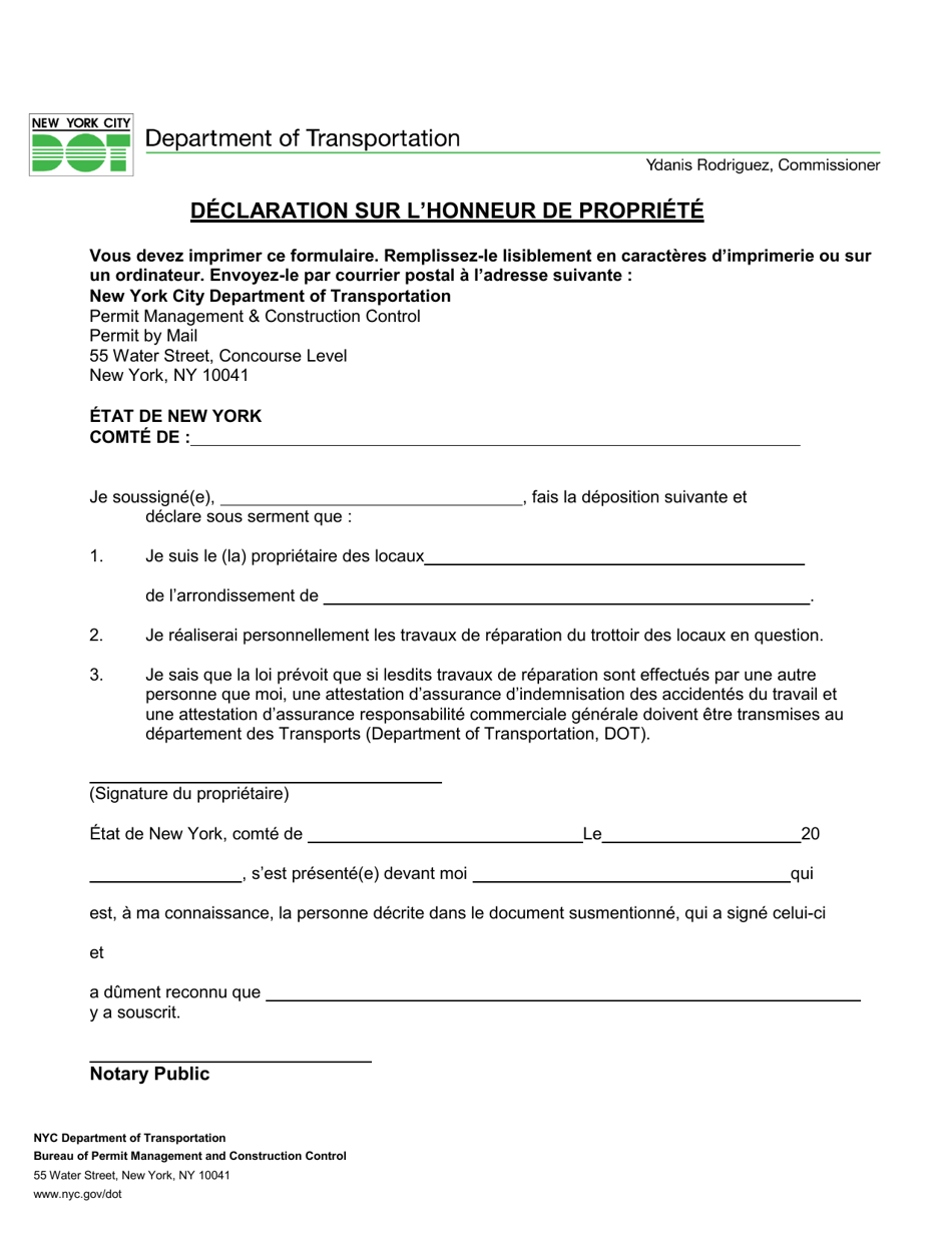 New York City Private Homeowner Affidavit of Ownership (French) Fill