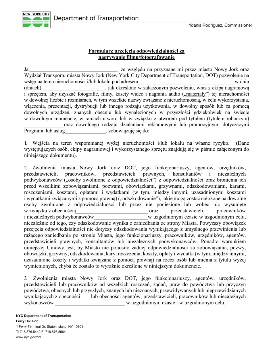 New York City Filming/Photography Indemnification Release Form (Polish