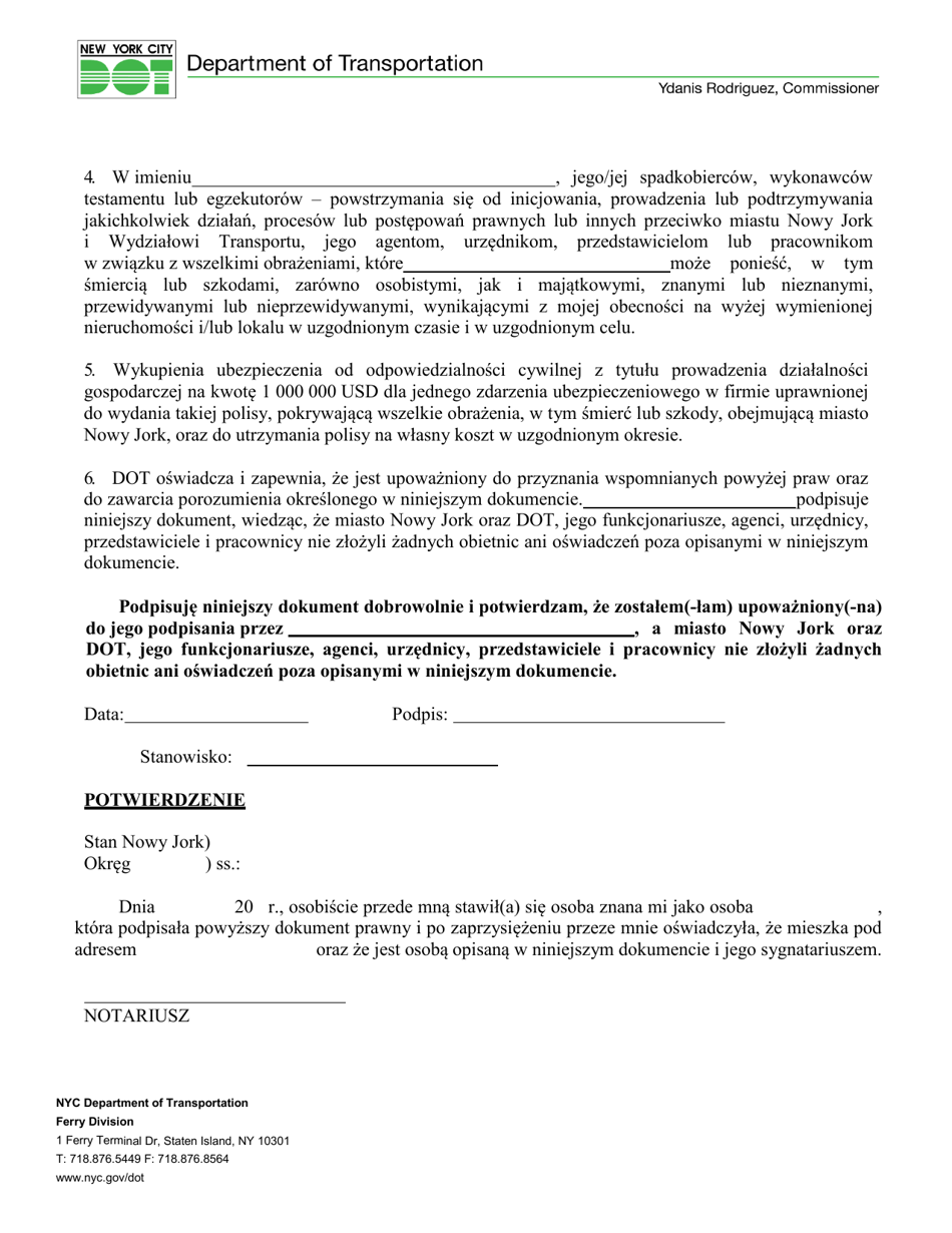 Filming / Photography Indemnification Release Form - New York City (Polish), Page 2
