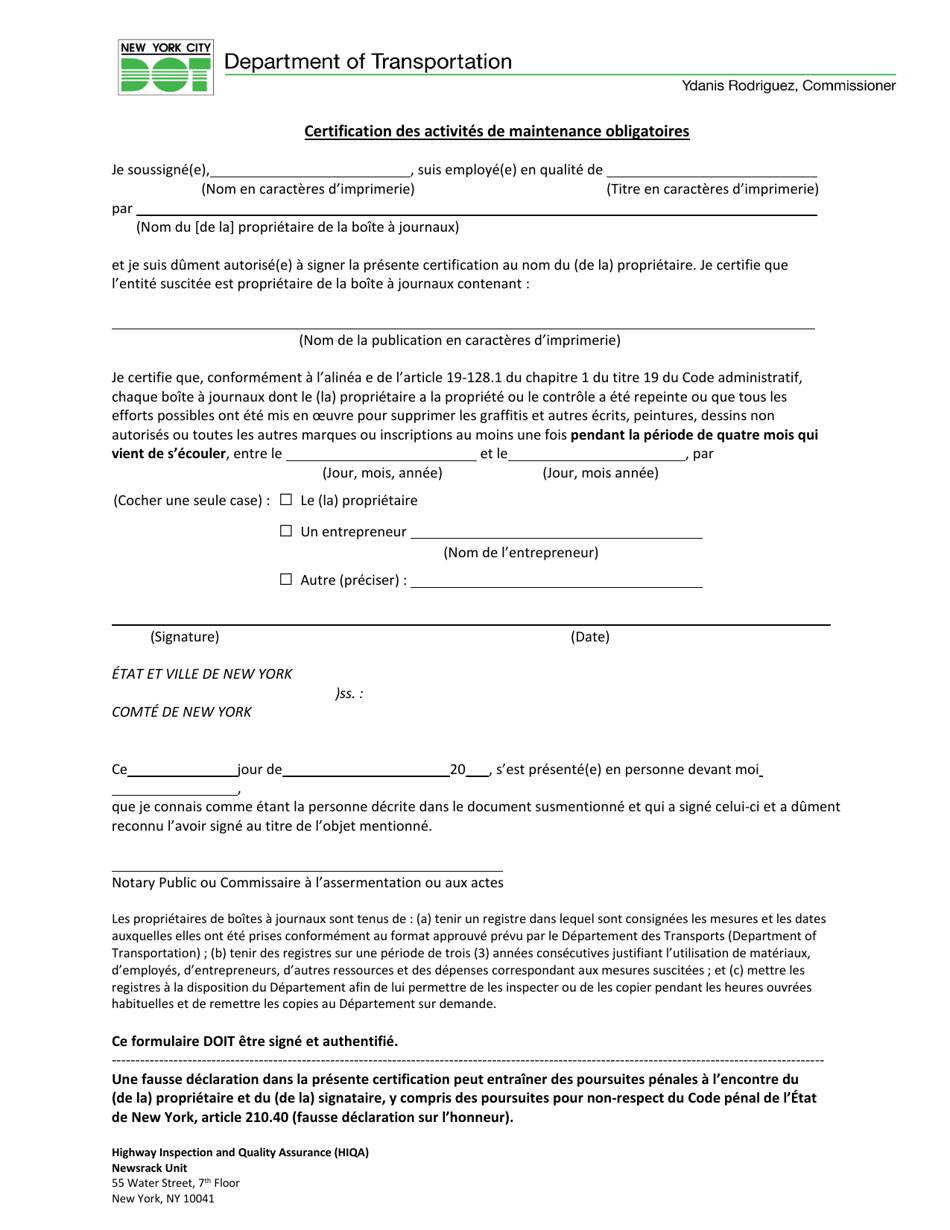 Certification of Required Maintenance Activities - New York City (French), Page 1