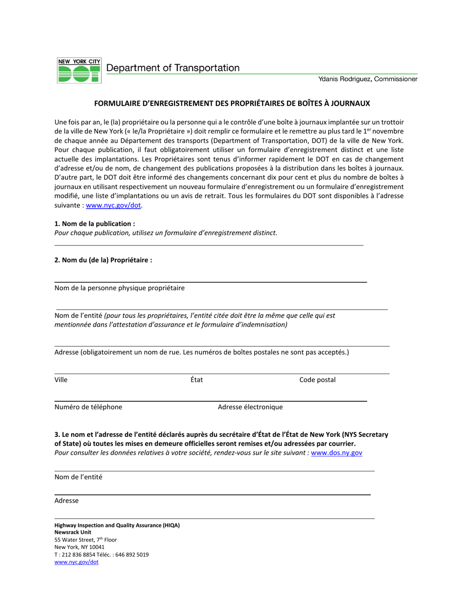 Registration Form for Newsrack Owners - New York City (French), Page 1