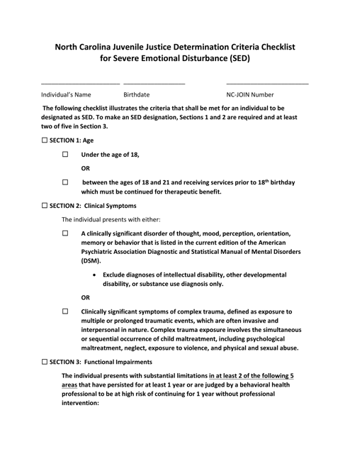 North Carolina Juvenile Justice Determination Criteria Checklist for Severe Emotional Disturbance (Sed) - North Carolina