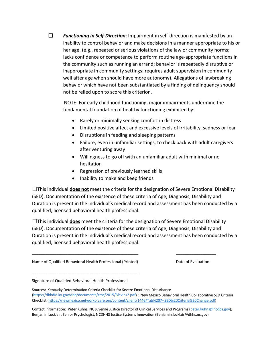 North Carolina Juvenile Justice Determination Criteria Checklist for Severe Emotional Disturbance (Sed) - North Carolina, Page 3