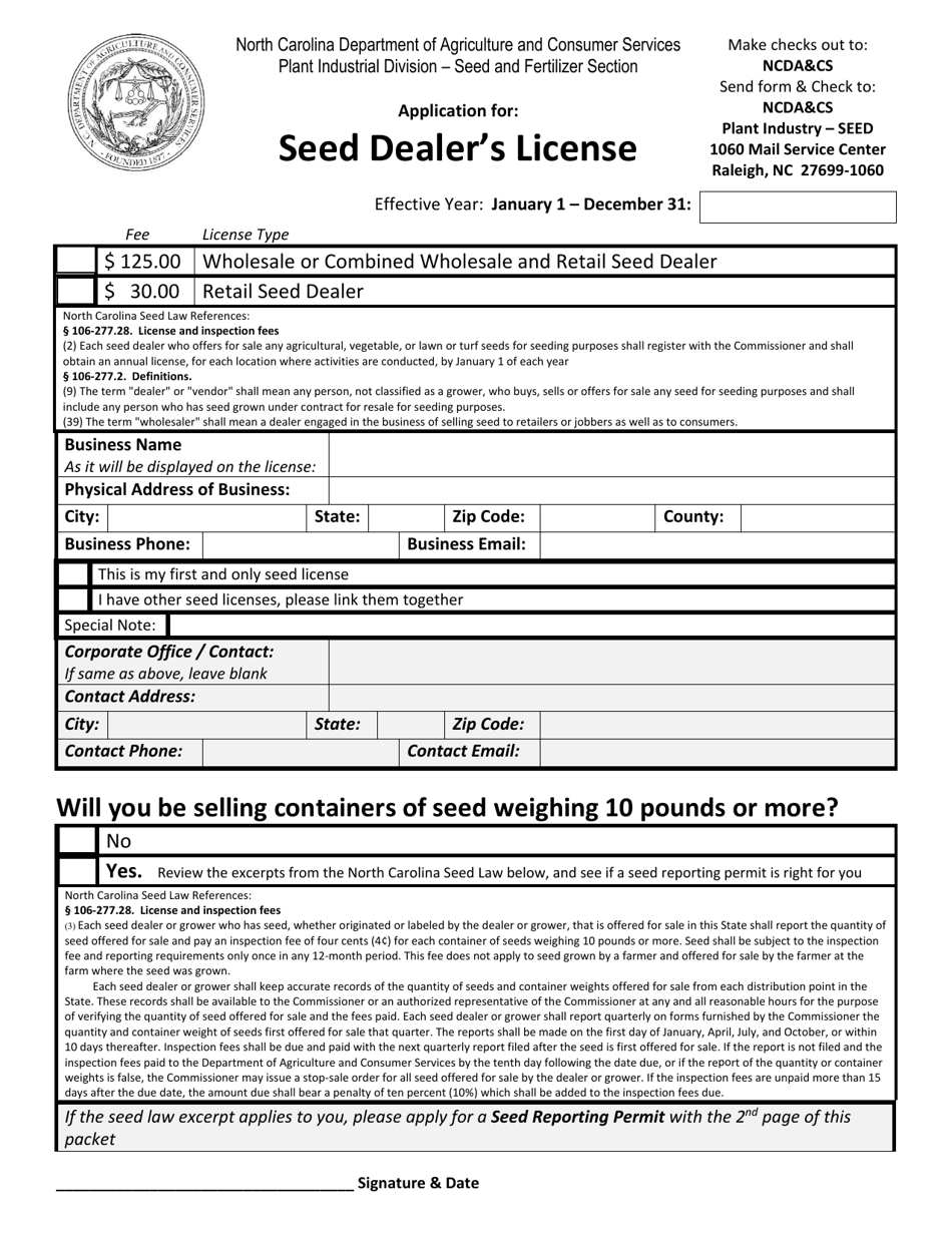 North Carolina Application for Seed Dealer's License Fill Out, Sign