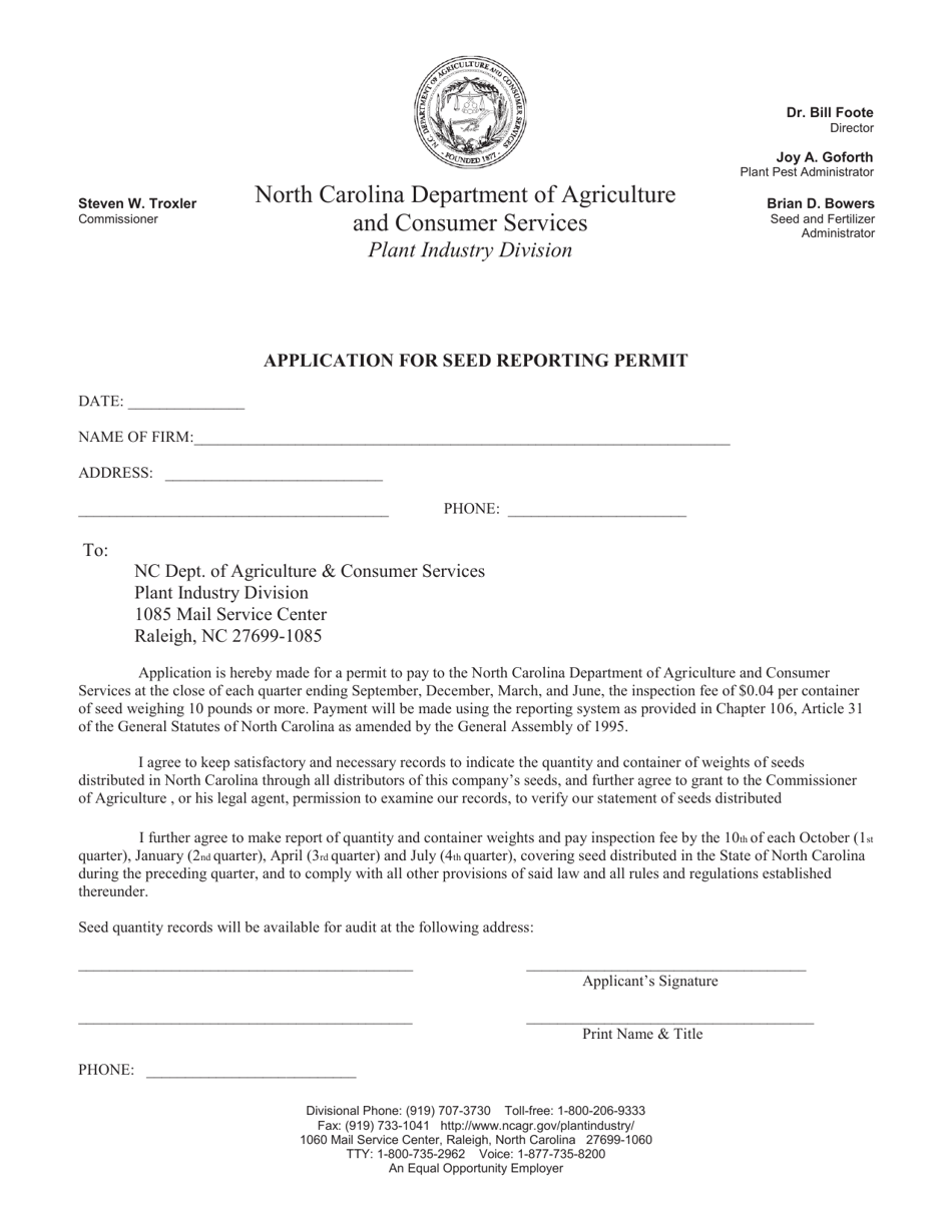 North Carolina Application For Seed Dealers License Fill Out Sign