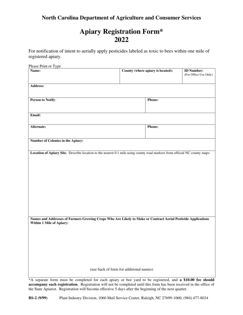 Form BS-2 Apiary Registration Form - North Carolina, 2022
