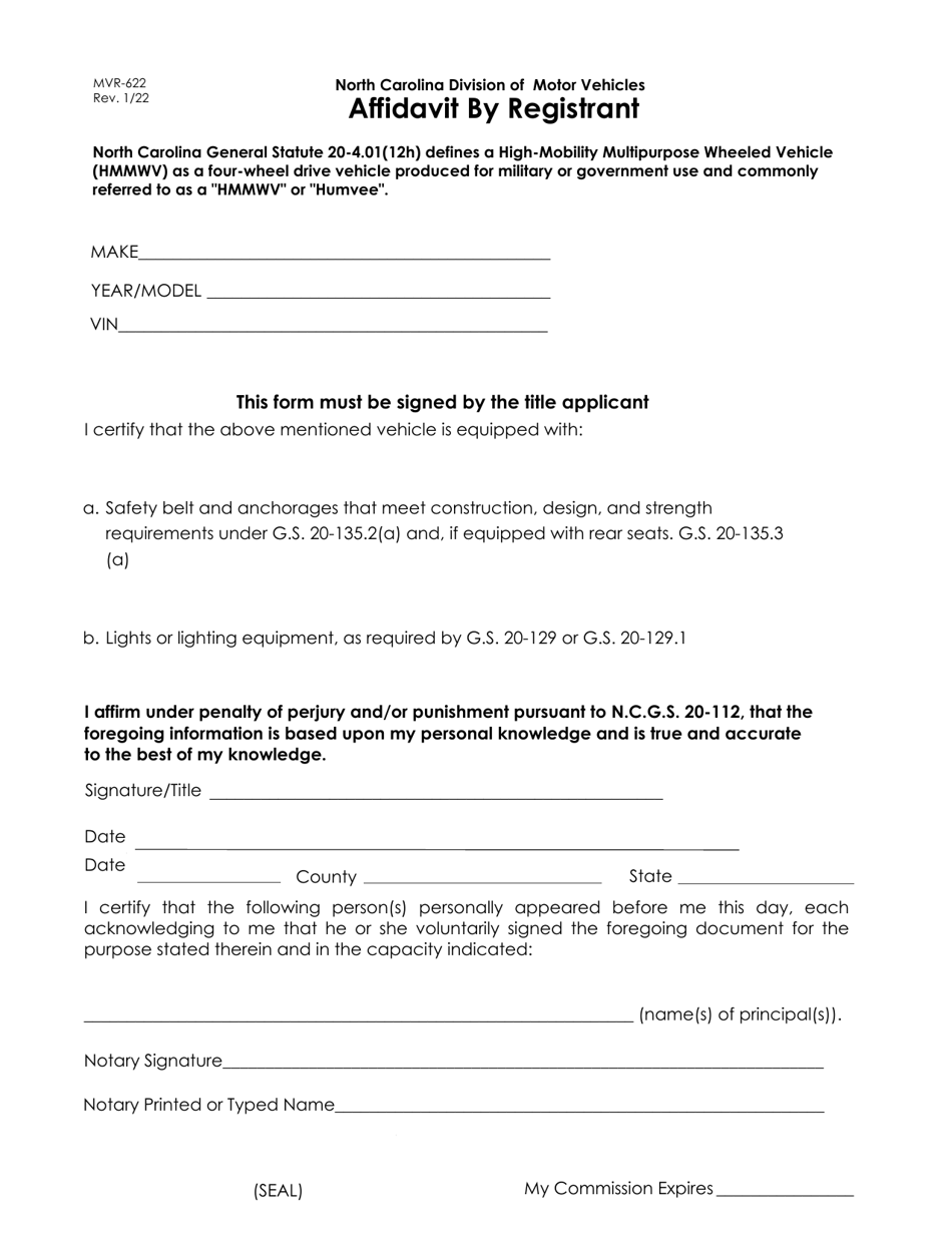 Form MVR-622 Affidavit by Registrant - North Carolina, Page 1