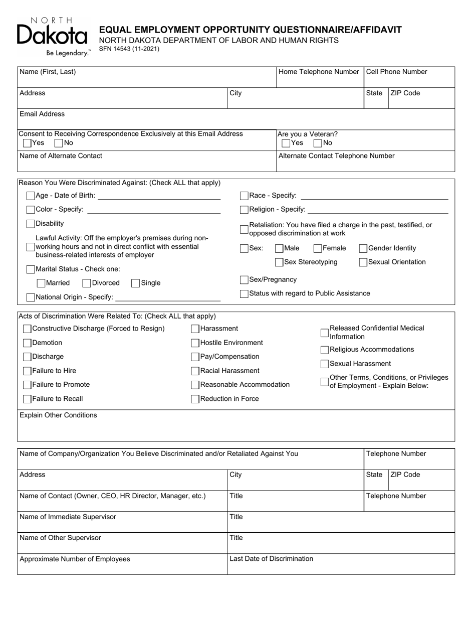 Form SFN14543 Equal Employment Opportunity Questionnaire / Affidavit - North Dakota, Page 1