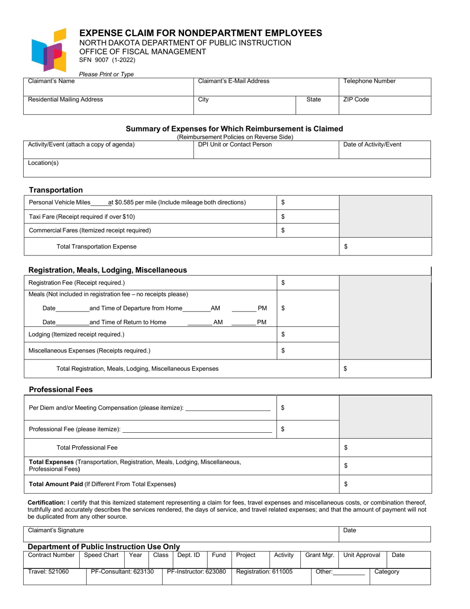 Form SFN9007 Expense Claim for Nondepartment Employees - North Dakota, Page 1