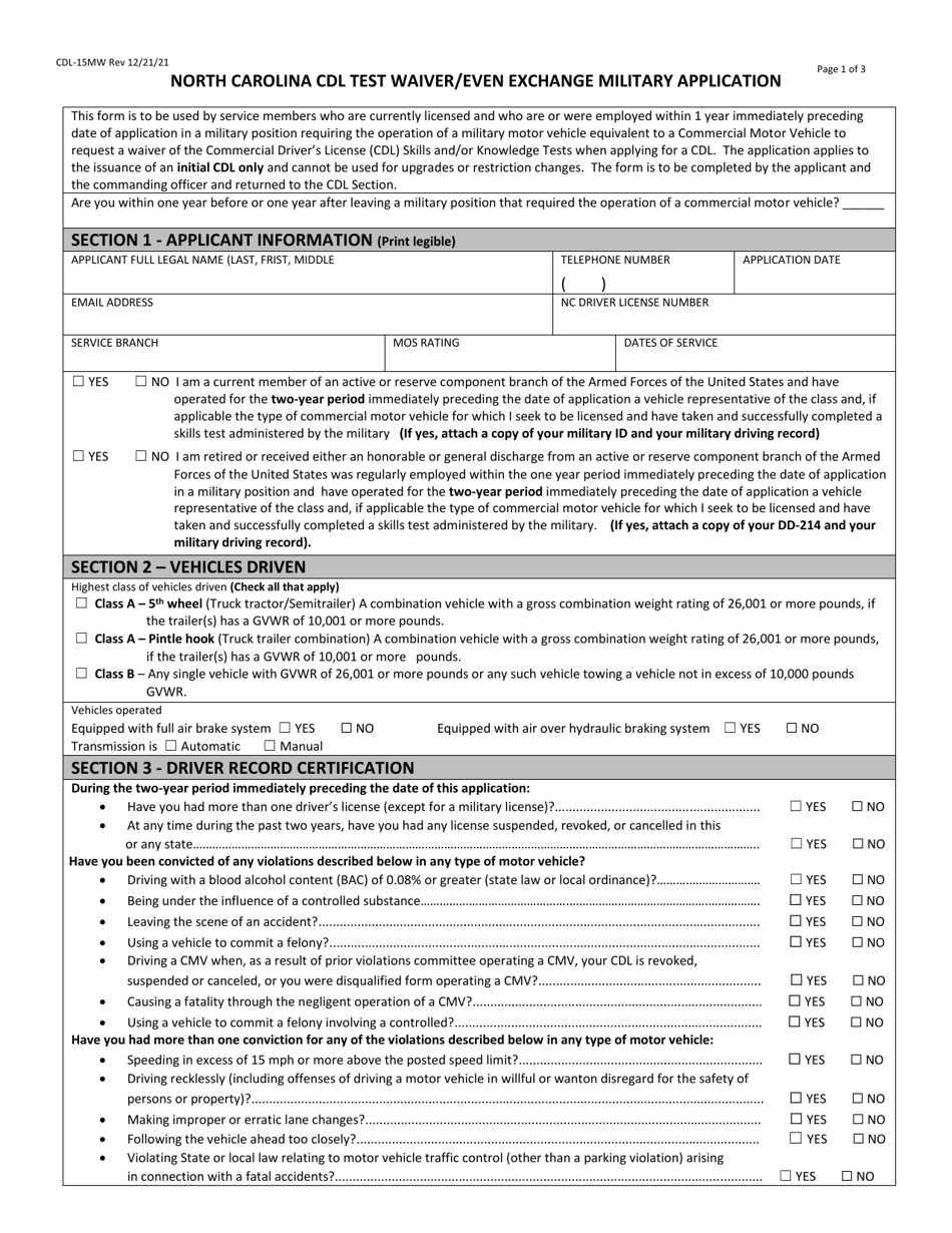 Form CDL-15MW North Carolina Cdl Test Waiver / Even Exchange Military Application - North Carolina, Page 1