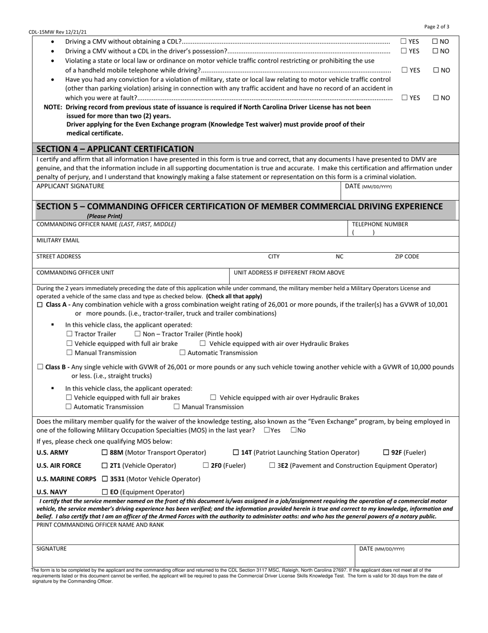 Form CDL-15MW North Carolina Cdl Test Waiver / Even Exchange Military Application - North Carolina, Page 2